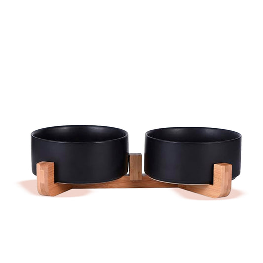 Comedero 2 En 1 Base Madera Negro